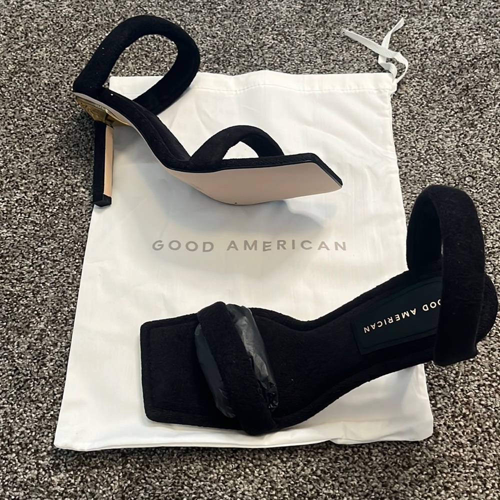 Good American Black Terry Square Toe Slip On Sandal Heels Size 10 New